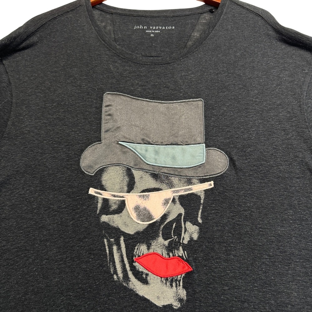 John Varvatos Men XL Charcoal Grey Skull Graphic Linen Blend Tee KG5903Y3